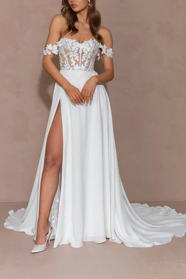 Luolandi A line sweetheart lace appliques boho wedding dress with court train Off Shoulder With Slit
